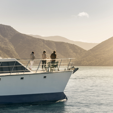 Cruising the Marlborough Sounds at the top of New Zealand's South Island, people view the sun set over the bush clad hills from the bow of MV Odyssea