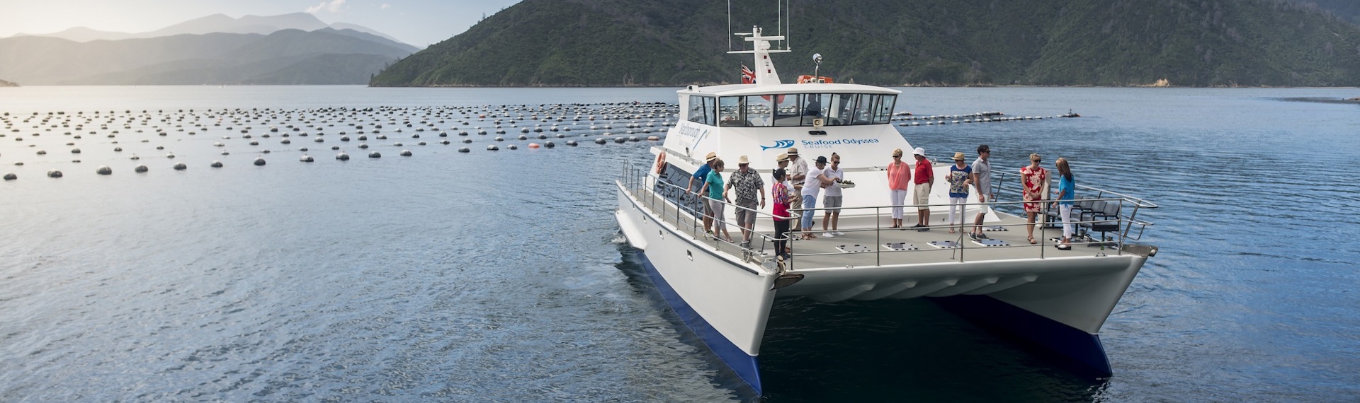 MV Odyssea is a large catamaran, ideal for a variety of cruises for groups, corporate and private events in New Zealand's Marlborough Sounds.