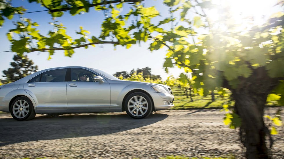 Silver sedan car driving through vineyards as part of a wine tour, near Blenheim in Marlborough at the top of New Zealand's South Island.