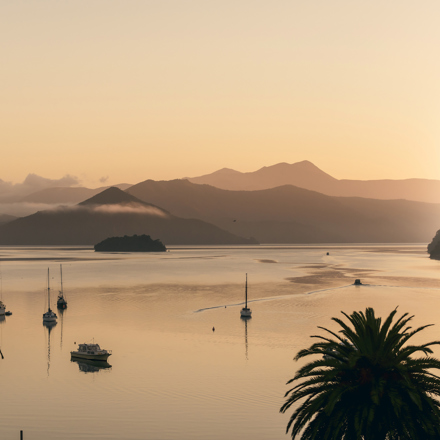 Orange sunrise over Picton Harbour and the Queen Charlotte Sound/Totaranui, at the top of New Zealand's South Island..