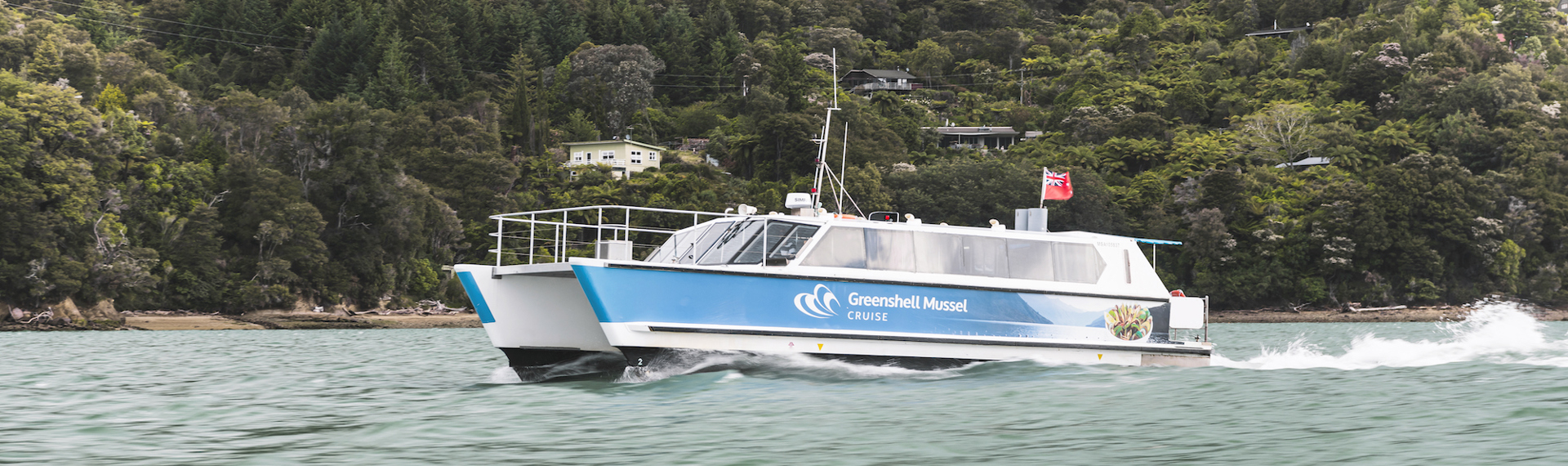 Marlborough Tour Company vessel MV Spirit cruises through Pelorus Sound from Havelock in New Zealand's Marlborough Sounds.