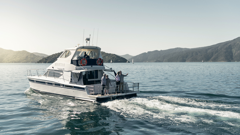 MV Mantra is ideal for small-medium group cruises and water-based transfers from Picton in New Zealand's Marlborough Sounds.