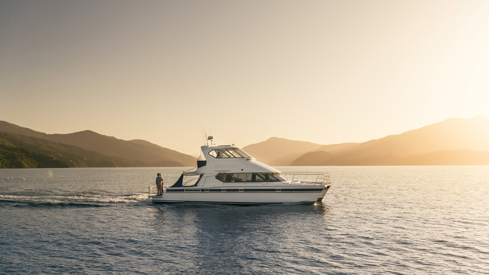 Marlborough Tour Company's premium catamaran MV Mantra cruises from Picton through New Zealand's Marlborough Sounds on a Seafood Odyssea cruise.