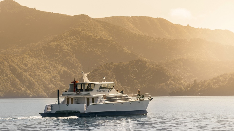 Marlborough Tour Company's MV Odyssea cruises through New Zelaand's Marlborough Sounds from Picton.