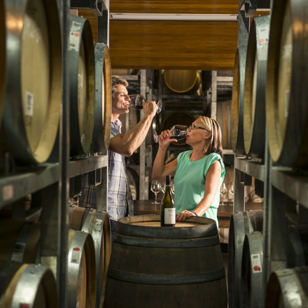 Couple doing a red wine tasting amongst wine barrels in a winery as part of a wine tour in Marlborough, as the top of New Zealand's South Island