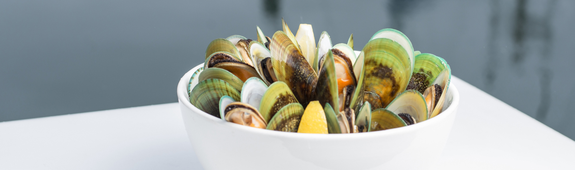 A bowl of freshly steamed Greenshell mussels on a boat with water behind, at Havelock Marina at the top of New Zealand's South Island.